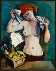 Demi-nu féminin avec corbeille de fruits