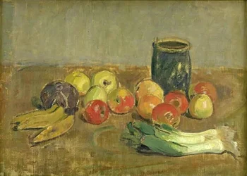 Nature morte. Pommes, poireaux, bananes et pot vert