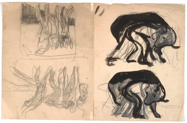 T.v : deux esquisses de composition avec une personne courbée sous un animal ressemblant à un ours. T.h. : deux esquisses de composition avec plusieurs figures