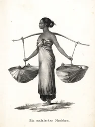 Fille malaise avec cheveux attachés portant des baskets sur un joug. Lithographie de Karl Joseph Brodtmann de l