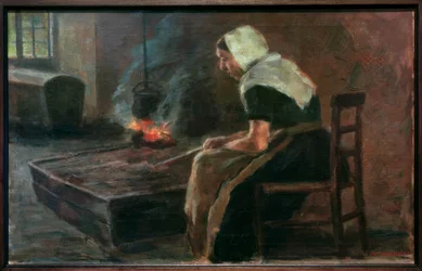 Femme devant un foyer ouvert