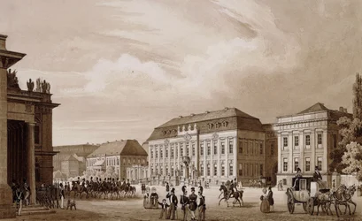 Unter den Linden, Berlin. Vue de la Neue Wache vers le Kronprinzenpalais avec le Prinzessinenpalais à droite et la Kommandatur à gauche