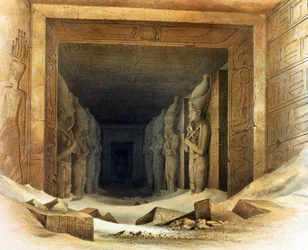 Statues géantes en calcaire de Ramsès II (Ramsès - 1304-1237 av. J.-C.). Lithographie d