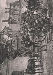 Réfugiés de Prusse orientale rentrant chez eux, se reposant sur la place du marché à Tapiau, illustration de Hindenburg publiée par Daterlandischer Derlag C U Weller Berlin