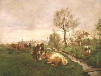 Paysage avec des vaches et un ruisseau