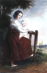 Fille tenant un bébé : fond de paysage
