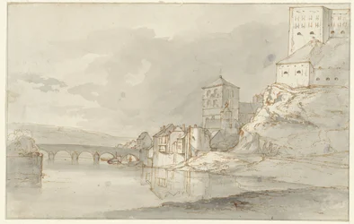 Vue de rivière avec pont en arc et fortifications sur la rive droite