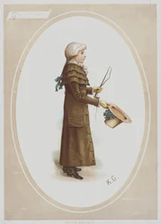 Garçon en long manteau marron, avec perruque, tenant un chapeau et un fouet de chasse