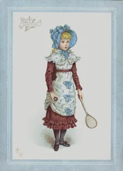 Fille en robe et bonnet, tenant un volant et une raquette