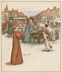 Illustration de Kate Greenaway pour Le Joueur de Flûte de Hamelin par Robert Browning (lithographie en couleur)