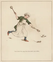 Illustration de Kate Greenaway pour Le Joueur de Flûte de Hamelin par Robert Browning (lithographie en couleur)