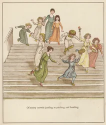 Illustration de Kate Greenaway pour Le Joueur de Flûte de Hamelin par Robert Browning (lithographie en couleur)