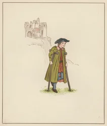 Illustration de Kate Greenaway pour Le Joueur de Flûte de Hamelin par Robert Browning (lithographie en couleur)