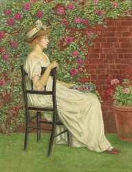 Jeune fille assise sur une chaise, un bol de cerises à la main