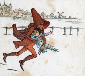 Un lutin emporte un petit enfant. Illustration de Kate Greenaway (1846-1901) du livre pour enfants "Under The Window" (1879), édité par Edmund Evans