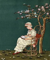 Une petite fille lisant sous un lilas. Illustration de Kate Greenaway (1846-1901) du livre de contes et comptines pour enfants « Under The Window » (1879), édité par Edmund Evans.