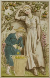 Fille et garçon cueillant des pommes