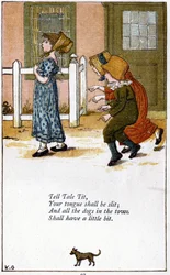 Tell tale tit / Ta langue sera fendue : Illustration de Kate Greenaway (1846-1901) pour un livre de comptines. Chromolithographie