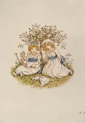 Deux filles avec des poupées assises sous un rosier, 19ème siècle