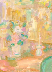 Peinture impressionniste représentant des fleurs et une bougie