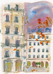 Un coin de rue à Paris sous un ciel violet