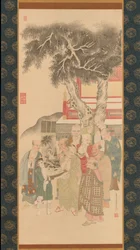 Dix Rakan examinant une peinture de Kannon en robe blanche, 1792