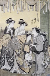 Courtisane Nishikido de la maison de thé Chojiya entourée de ses dames, fin du XVIIIe siècle, art ukiyo-e, par Katsukawa Shuncho (actif 1780-1800), (détail)