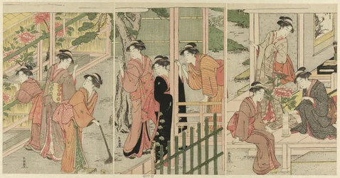 Femmes admirant des pivoines