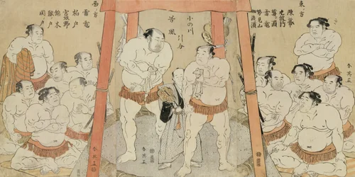 Un triptyque montrant un tirage au sort dans le combat entre Onogawa et Tanikaze