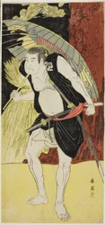 Les acteurs Mimasu Tokujirô I dans le rôle de Hayano Kampei (à gauche) et Nakayama Kojûrô VI dans le rôle de Ono Sadakurô (à droite) dans "Trésor des 47 fidèles" ("Kanadehon chûshingura")