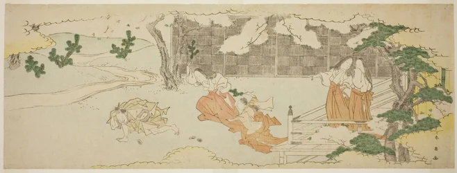 Court Ladies on a Balcony Watching a Woman and a Girl Chasing a Man in the Yard under Blossoming Cherry Trees (dames de cour sur un balcon regardant une femme et une fille poursuivant un homme dans la cour sous des cerisiers en fleurs)
