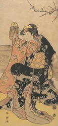 Le quatrième Iwai Hanshiro en femme tenant une boule de cristal et dansant sur la rive