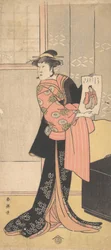 Le troisième Segawa Kikunojo en femme debout dans une pièce, vers 1793