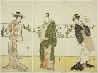 Les acteurs Osagawa Tsuneyo II (à droite), Ichikawa Monnosuke II (au centre) et Segawa Kikunojo III (à gauche), peut-être Misao Gozen, Matsuya Soshichi et la courtisane Kojoro de Hakata, dans la pièce Chiyo no Hajime Ondo no Seto (Les débuts de l