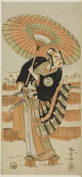 Les acteurs Ichimura Uzaemon IX dans le rôle de Kajiwara Genta no Kagetoki (à gauche), Segawa Kikunojô II dans le rôle de Yuki Onna (au centre), et Arashi Sangorô II dans le rôle de Minamoto no Yoritomo (à droite) dans "Cotton Wadding of Izu Protecting the