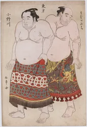 Portraits en pied de lutteurs du groupe oriental, Uzugafuchi à droite et Onogawa à gauche
