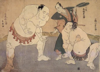 Onagawa Kisaburo et Tanikaze Kajinosuke exécutant le Shiriki dans le Dohyo, arbitrés par Kimura Shonosuke
