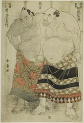 Lutteurs sumo du groupe oriental : (à droite) Nijigadake Somaemon du rang Sekiwake de la province d
