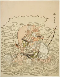 Taira no Atsumori chevauchant un cheval dans la mer, c.1770