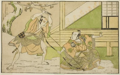 Les Acteurs Arashi Sangoro II en tant que Hojo Tokiyori (à droite), et Otani Hiroji III en tant que Koga Saburo (à gauche), dans la pièce Kono Hana Yotsugi no Hachi no Ki, jouée au Théâtre Ichimura en novembre 1771