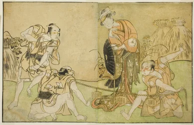 Les acteurs Bando Zenji I en Nagahashi Saburo, Iwai Hanshiro IV en Otatsu-gitsune, Nakamura Konozo en Hagai Ujitsune, et un acteur non identifié (de droite à gauche), dans la pièce Nue no Mori Ichiyo no Mato, jouée au théâtre Nakamura en novembre
