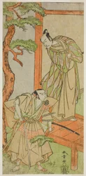 Les acteurs Ichikawa Danjuro V en tant que Momonoi Wakasanosuke (à droite), et Nakamura Nakazo I en tant que Kakogawa Honzo (à gauche), dans la pièce Kanadehon Chushingura, jouée au théâtre Nakamura en mai 1771