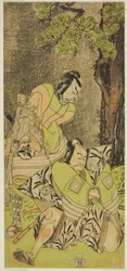 Les acteurs Ichikawa Danzo III en tant que I no Hayata Tadazumi (à droite), et Matsumoto Koshiro II en tant que Osada no Taro Kagemune (à gauche), dans la pièce Nue no Mori Ichiyo no Mato, jouée au théâtre Nakamura en novembre 1770