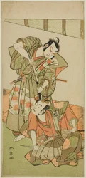 Les acteurs Ichikawa Yaozo II en tant que Konoshita Hyokichi (?) (à droite), et Sakata Hangoro II en tant que Matsunaga Daizen Hisahide (?) (à gauche), dans la pièce Gion Sairei Shinko Ki (?), jouée au théâtre Ichimura (?) au cinquième mois, 1775 (?)