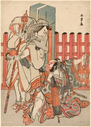 Les acteurs Nakamura Nakazo I en Chinzei Hachiro Tametomo déguisé en pèlerin (à gauche), et Ichikawa Danjuro V en Kazusa no Gorobei Tadamitsu (à droite), dans la scène "Rencontre silencieuse" (Dammari) de la fin de la première partie de la pièce Kitekaeru 