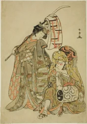 Les acteurs Nakamura Nakazo I en Onmaya Kisanda déguisé en Kakubei le danseur de lion (Kakubei-jishi) (à droite) et Segawa Kikunojo III en Shizuka Gozen (à gauche), dans la séquence de danse "Myoto-zake Kawaranu Nakanaka" (Harmonie éternelle de la coupe nu