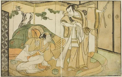 Les Acteurs Nakamura Nakazo I comme Taira no Kiyomori (droite), et Yamashita Kinsaku II comme Tokiwa Gozen (gauche), dans la pièce Nue no Mori Ichiyo no Mato, jouée au Théâtre Nakamura en novembre 1770
