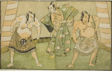 Les Acteurs Nakamura Sukegoro II comme Matano no Goro (droite), Onoe Kikugoro I comme Soga no Taro (centre), et Otani Hiroji III comme Kawazu no Saburo (gauche), dans la pièce Myoto-giku Izu no Kisewata, jouée au Théâtre Ichimura en novembre 1770