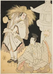 Les Acteurs Nakayama Kojuro VI comme Osada Taro Kagemune (en réalité Hatcho Tsubute no Kiheiji) déguisé en allumeur de réverbères du sanctuaire de Gion (à gauche), et Sawamura Sojuro III comme Komatsu no Shigemori (à droite), dans l