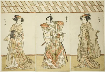 Les acteurs Onoe Tamizo I comme Nishikigi (?) ou Otae (?) (droite), Ichikawa Danjuro V comme Miura Heidayu Kunitae (?) (centre), et Osagawa Tsuneyo II comme Oyuki (?) (gauche), dans la pièce Date Nishiki Tsui no Yumitori (?), jouée au théâtre Morita (?) à 